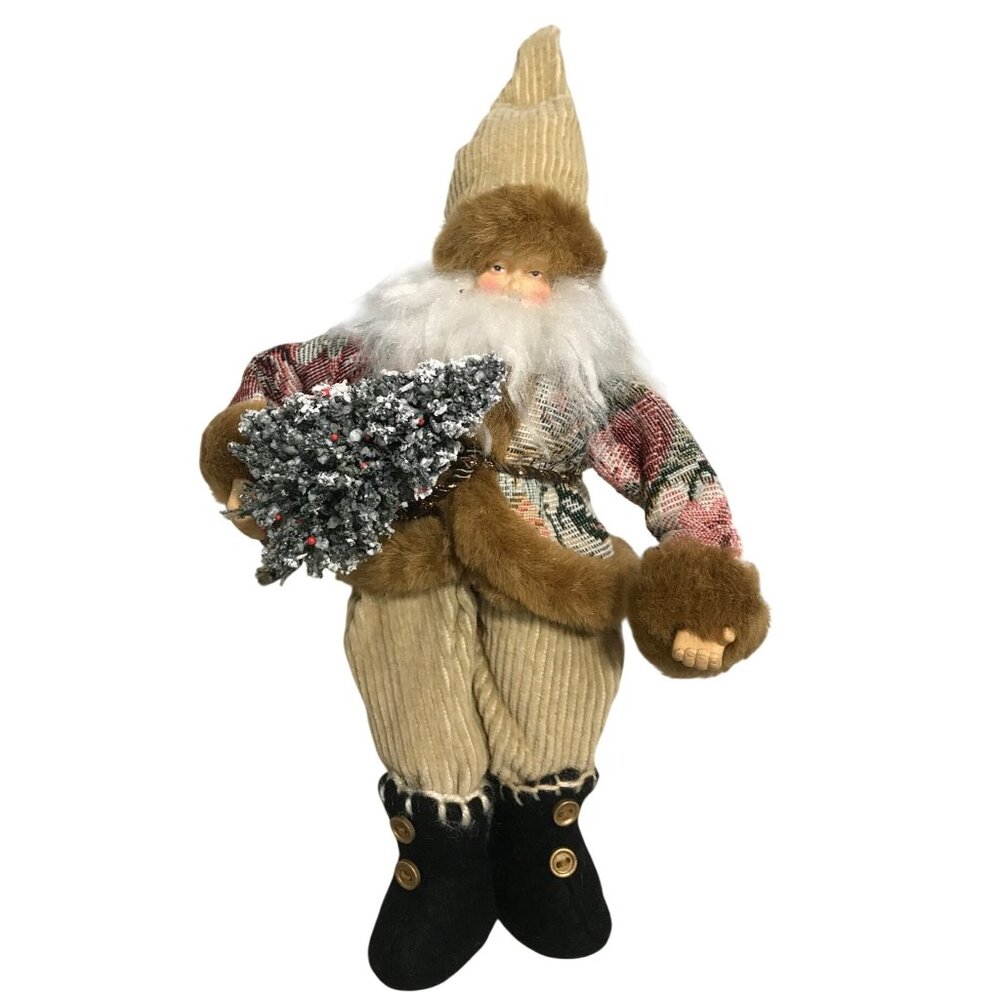Vtg Scandinavian Santa Claus Doll Corduroy Hat Pants Holding Snowy Tree Sit Hang